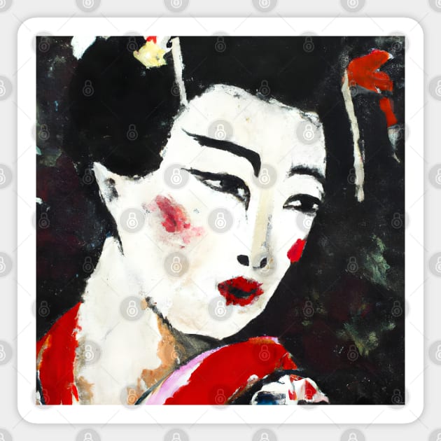 Geisha art, red flowers Sticker by Ravenglow